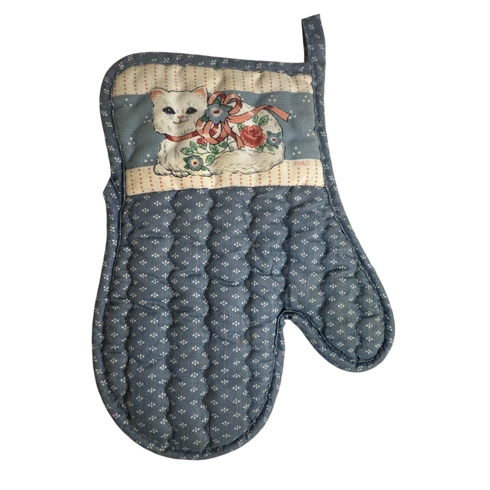 Vintage Quilted Hen Toaster Cover and Cat Oven Mitt Set Yellow Blue Floral